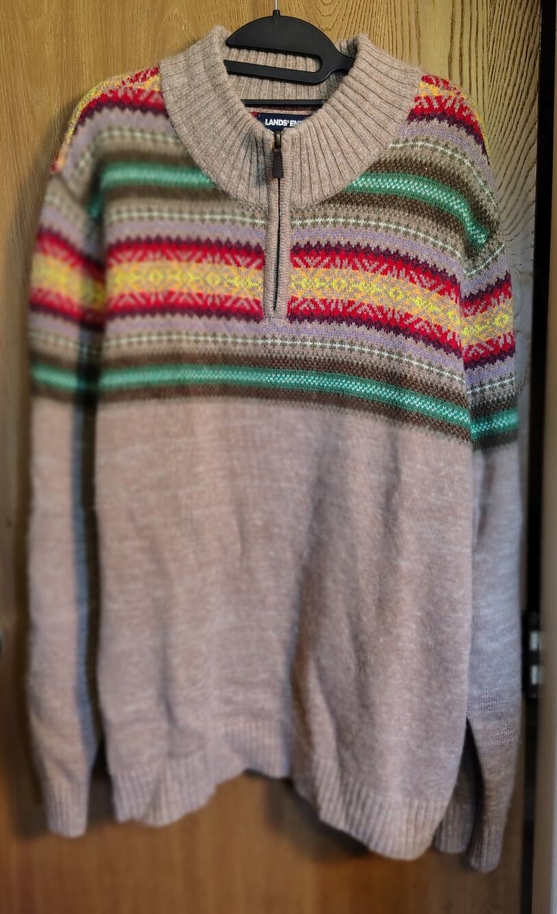 Lands' End quarter-zip sweater tan Fair Isle Nordic style XL wool cotton blend
